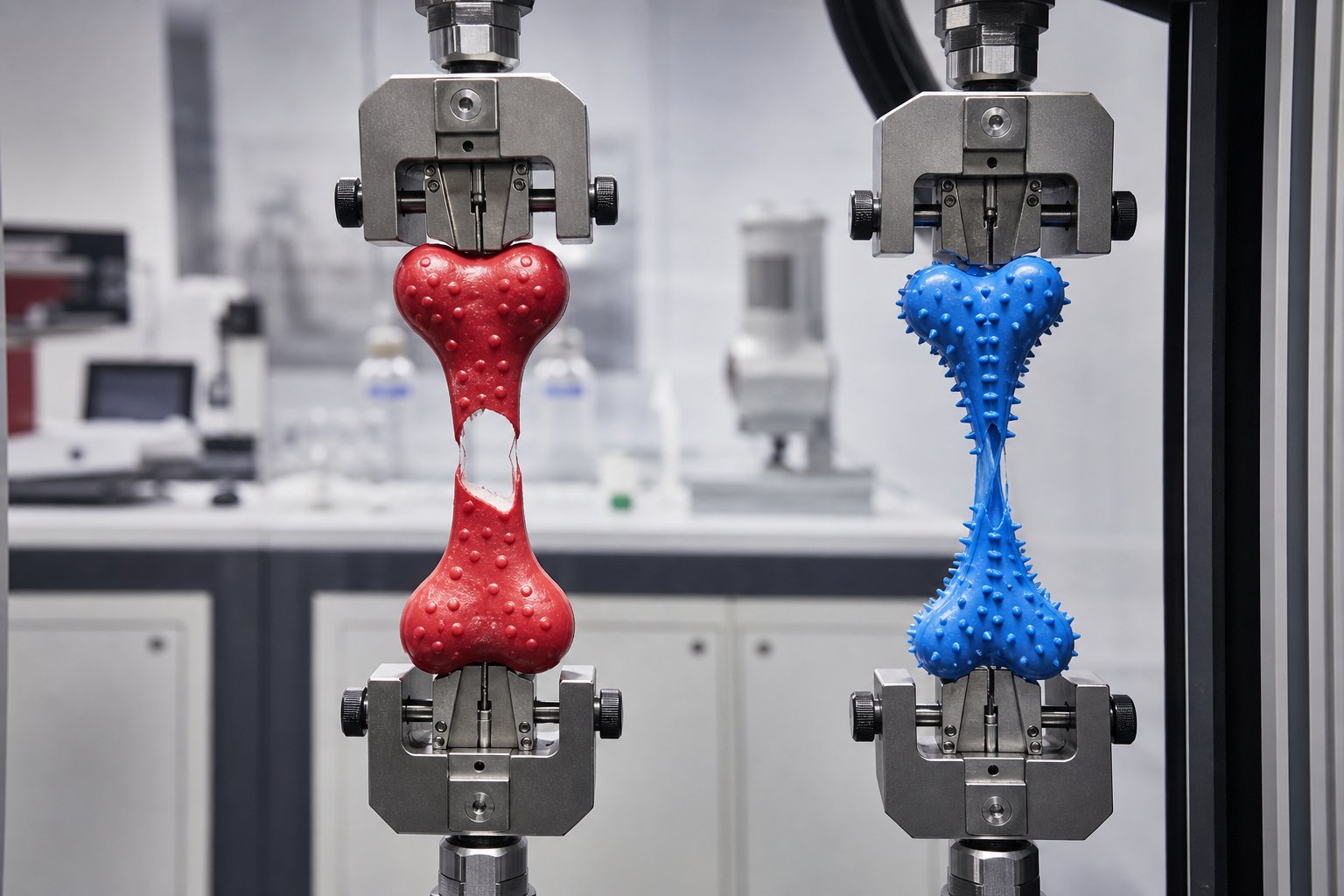 Tear testing two chew toys made of different rubber materials
