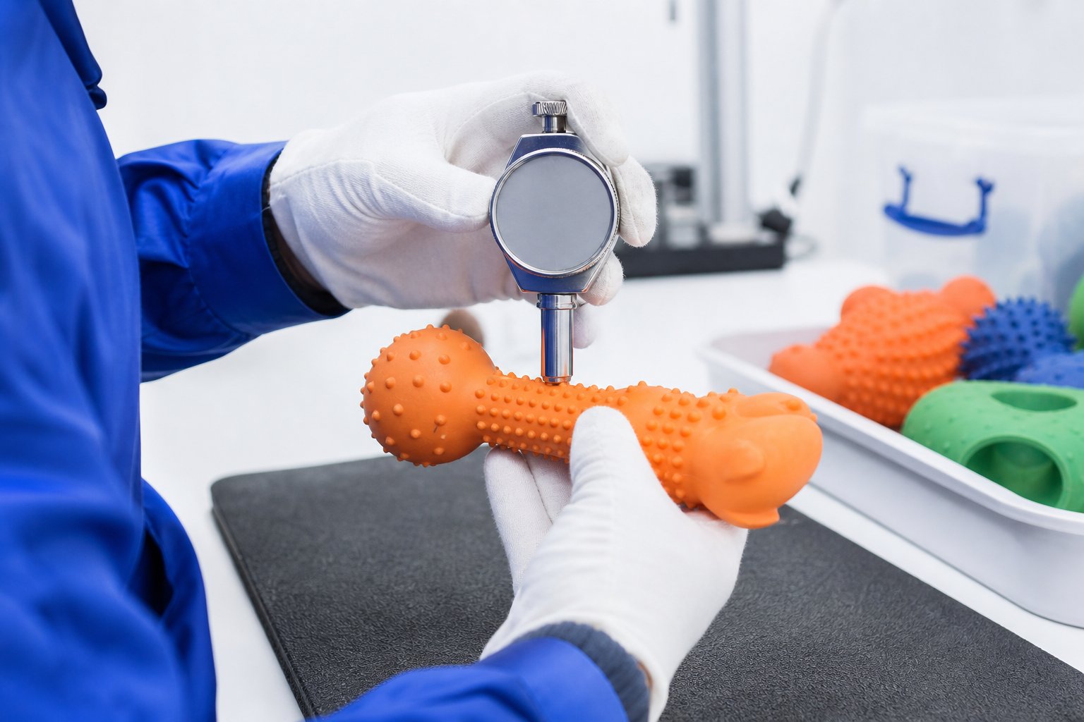 Durometer hardness testing on a TPR chew toy