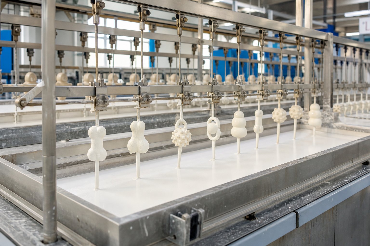 Latex dipping line with toy shapes on formers moving through tanks