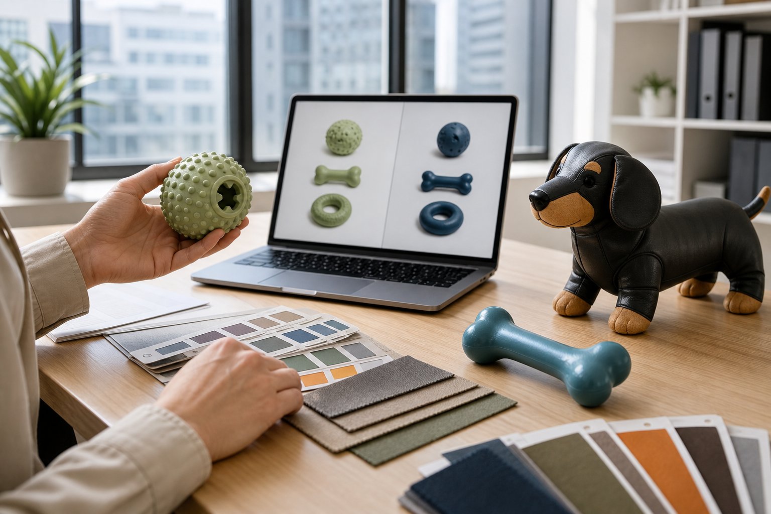 Buyer desk comparing latex and vinyl toy material swatches