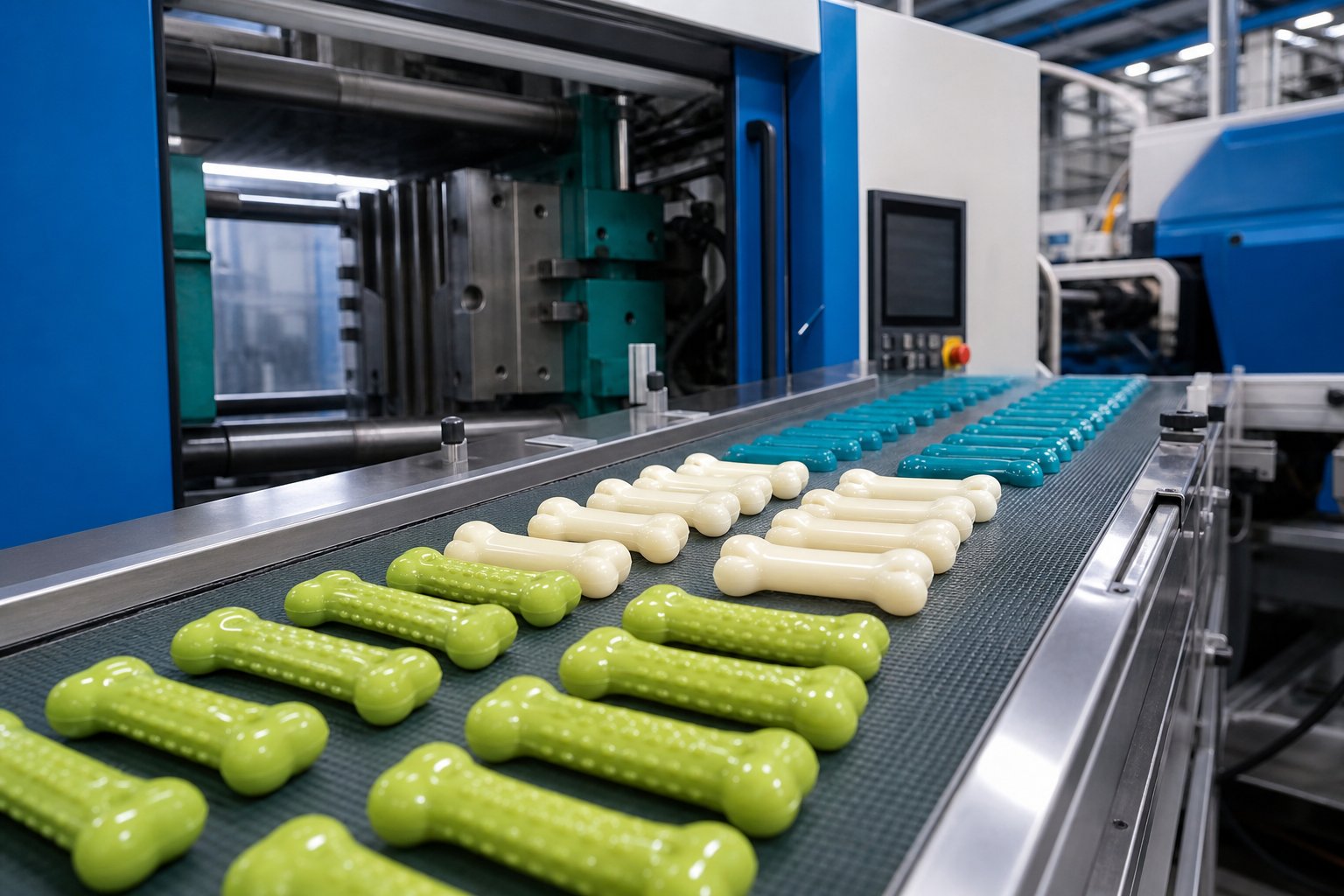 Nylon chew rods and bones on a production conveyor