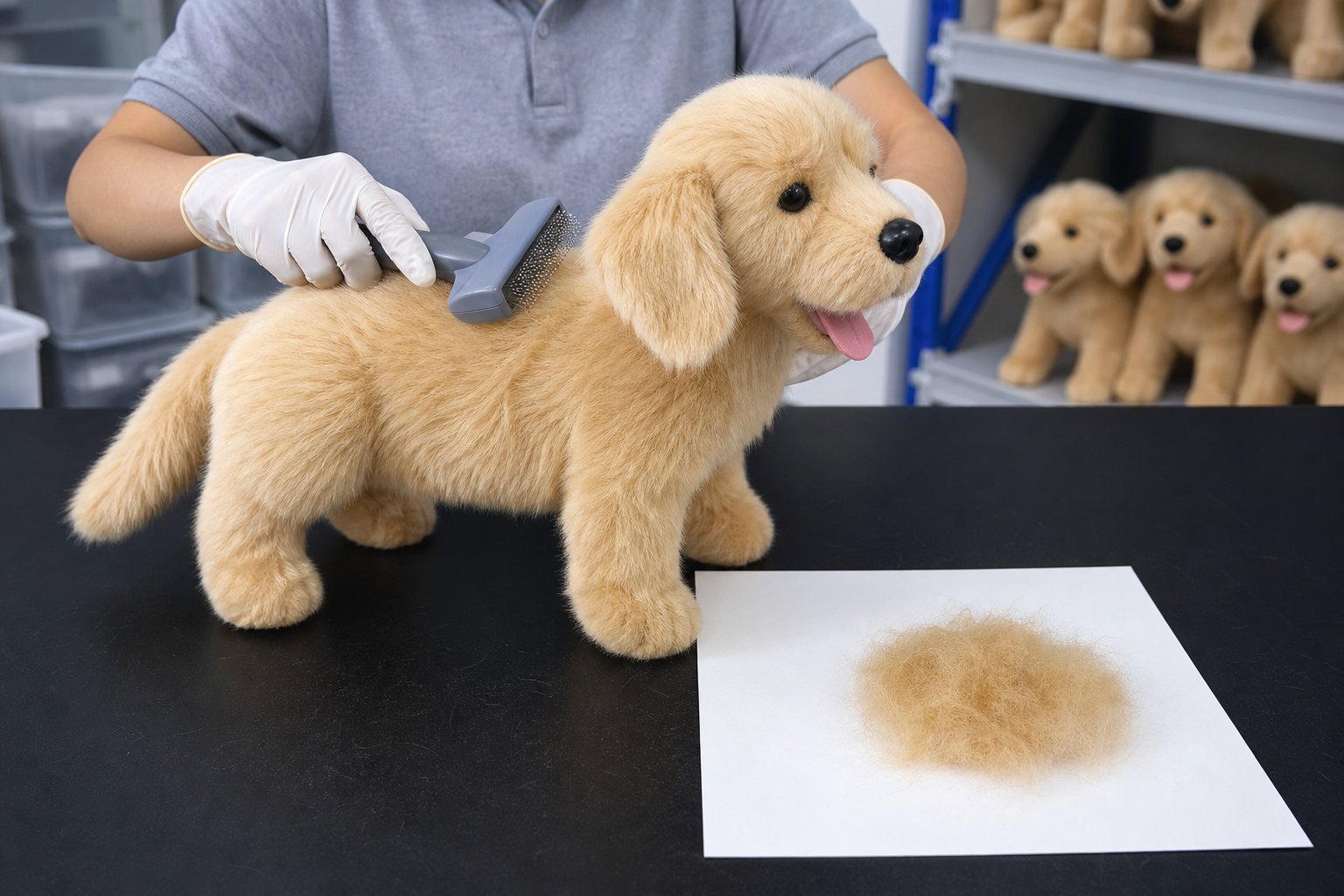 Plush toy being brushed on a QC table with collected fibers on a white sheet