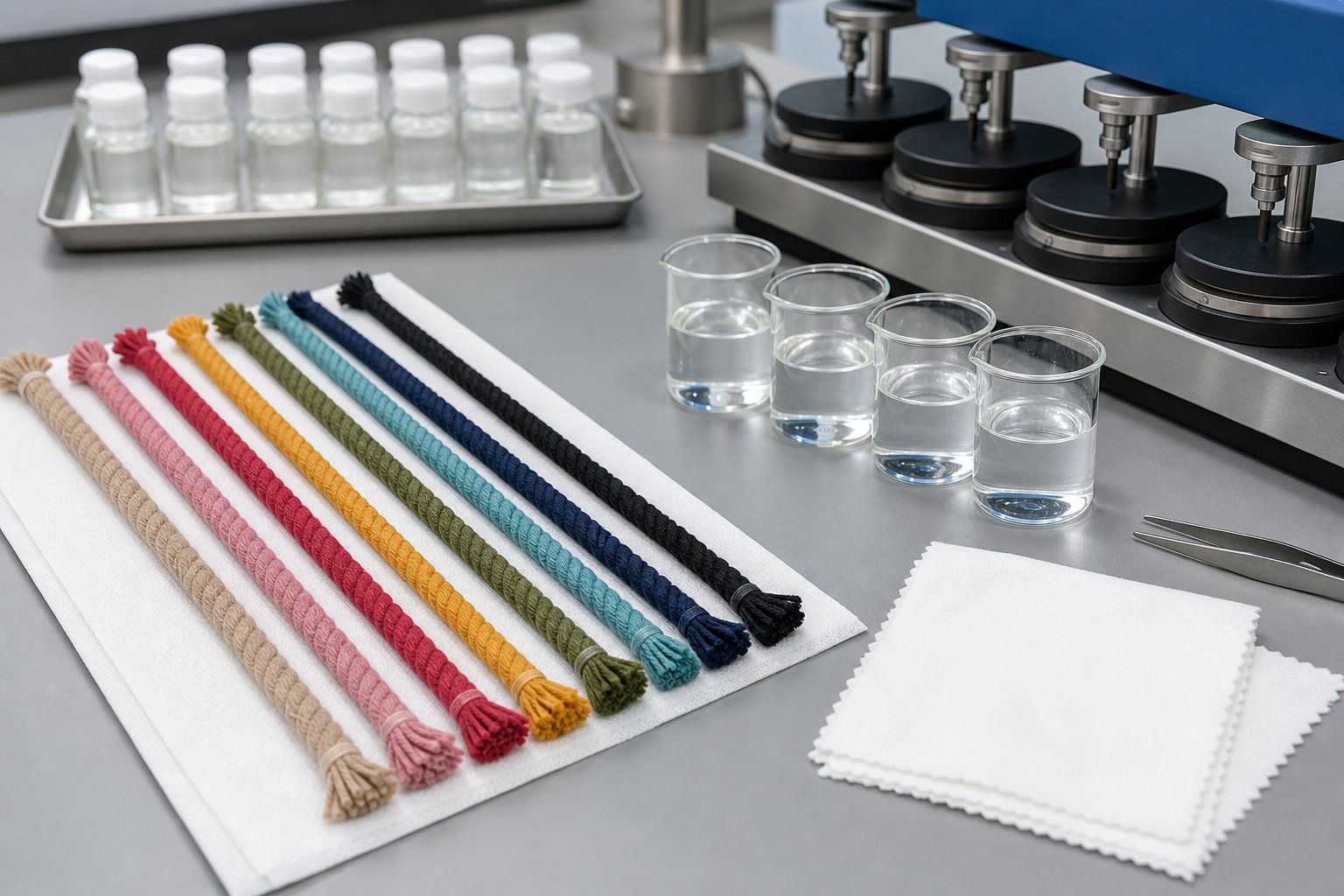 Color fastness test with dyed cotton rope samples and white rubbing cloth on a lab bench