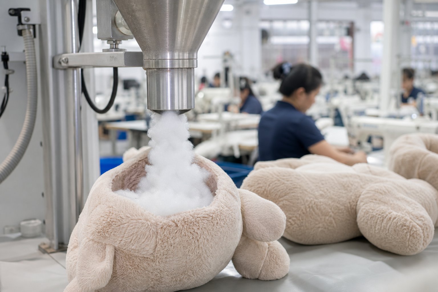 Stuffing machine nozzle filling a plush shell with polyester fiber