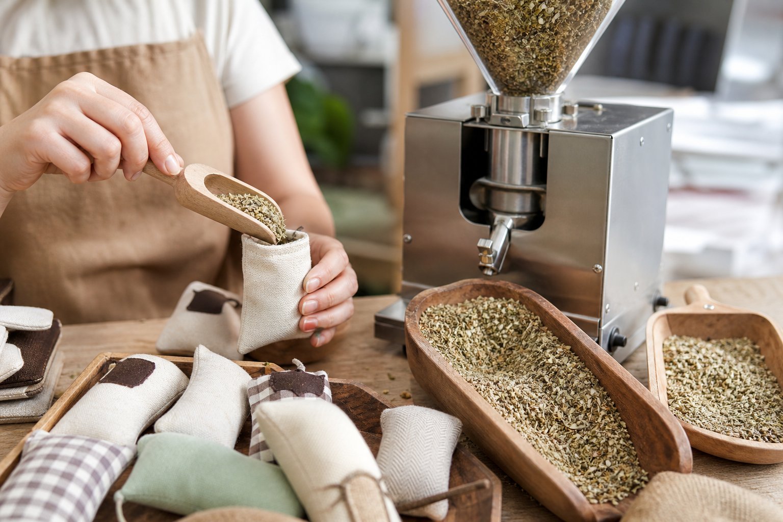 Dried catnip being filled into small fabric cat toy pouches on a workbench