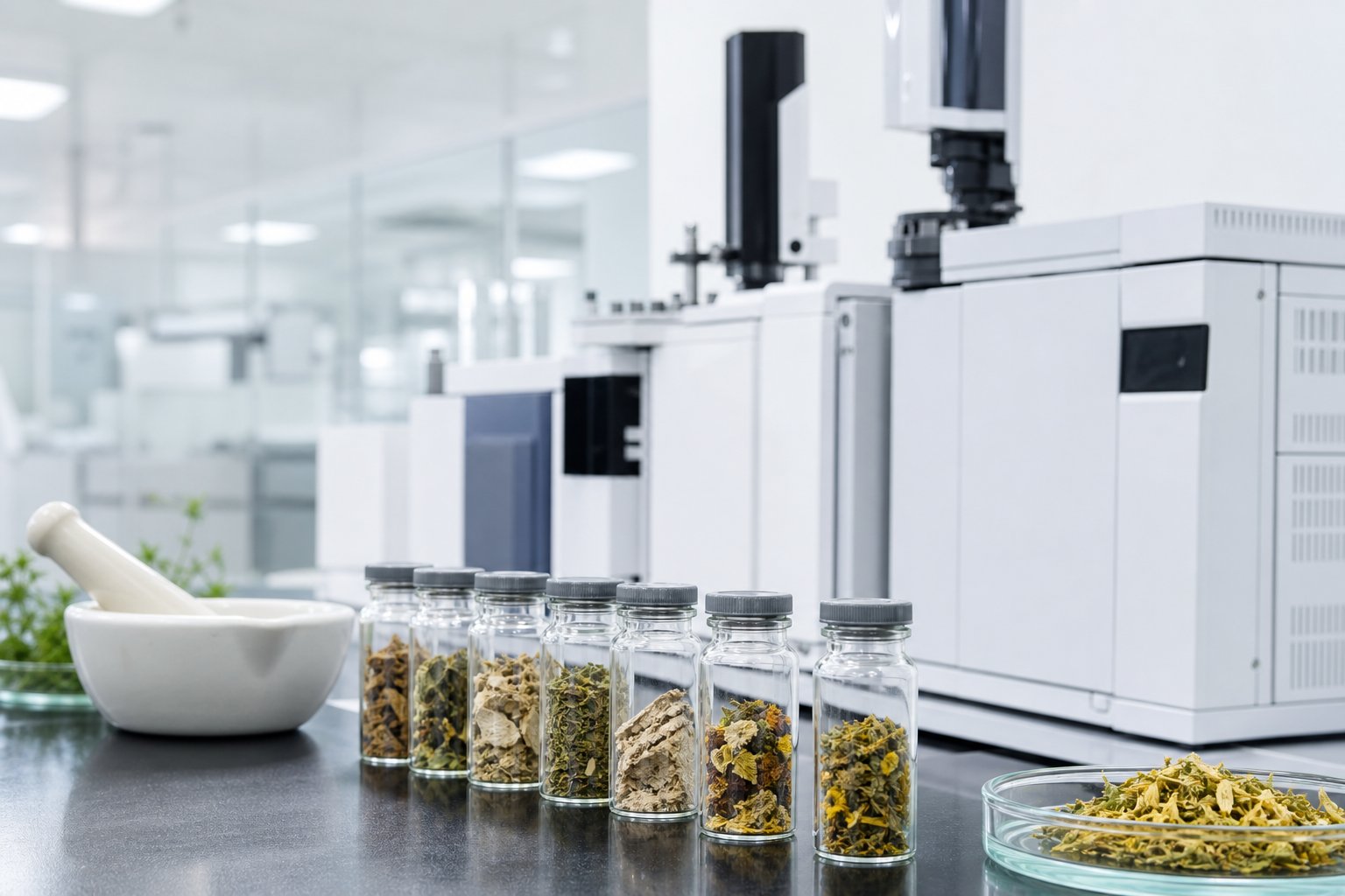 Plant samples in vials and lab instruments for residue testing