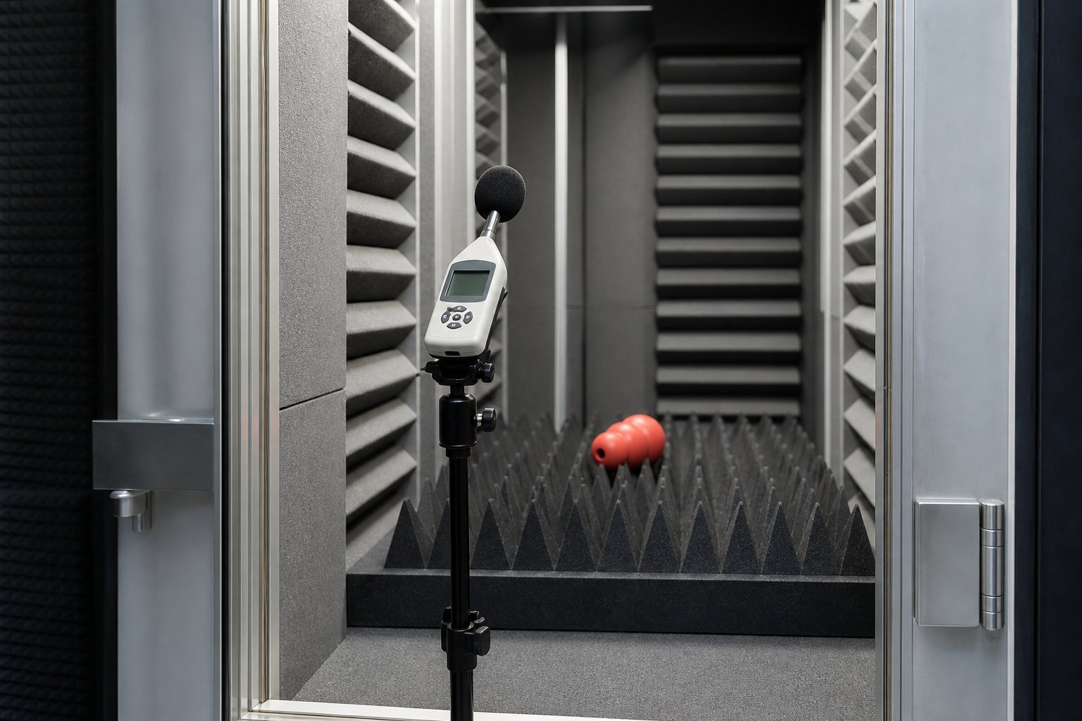 Sound level meter on a stand measuring a squeaker in a small test booth