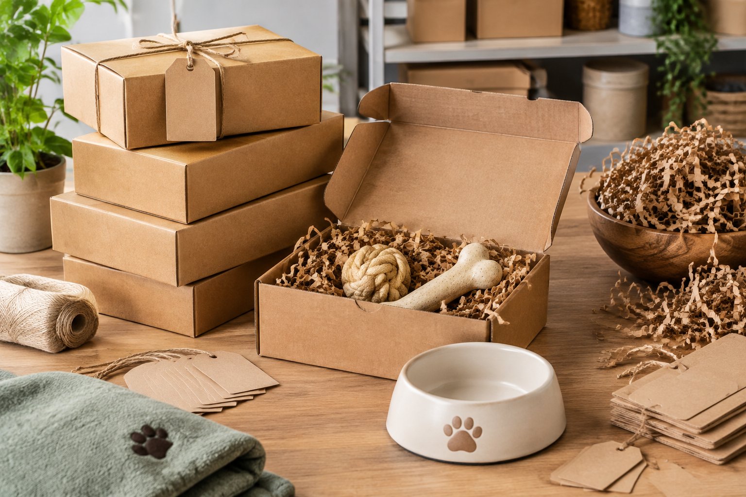 Kraft paper boxes, paper tags and recycled filler arranged on a packing bench