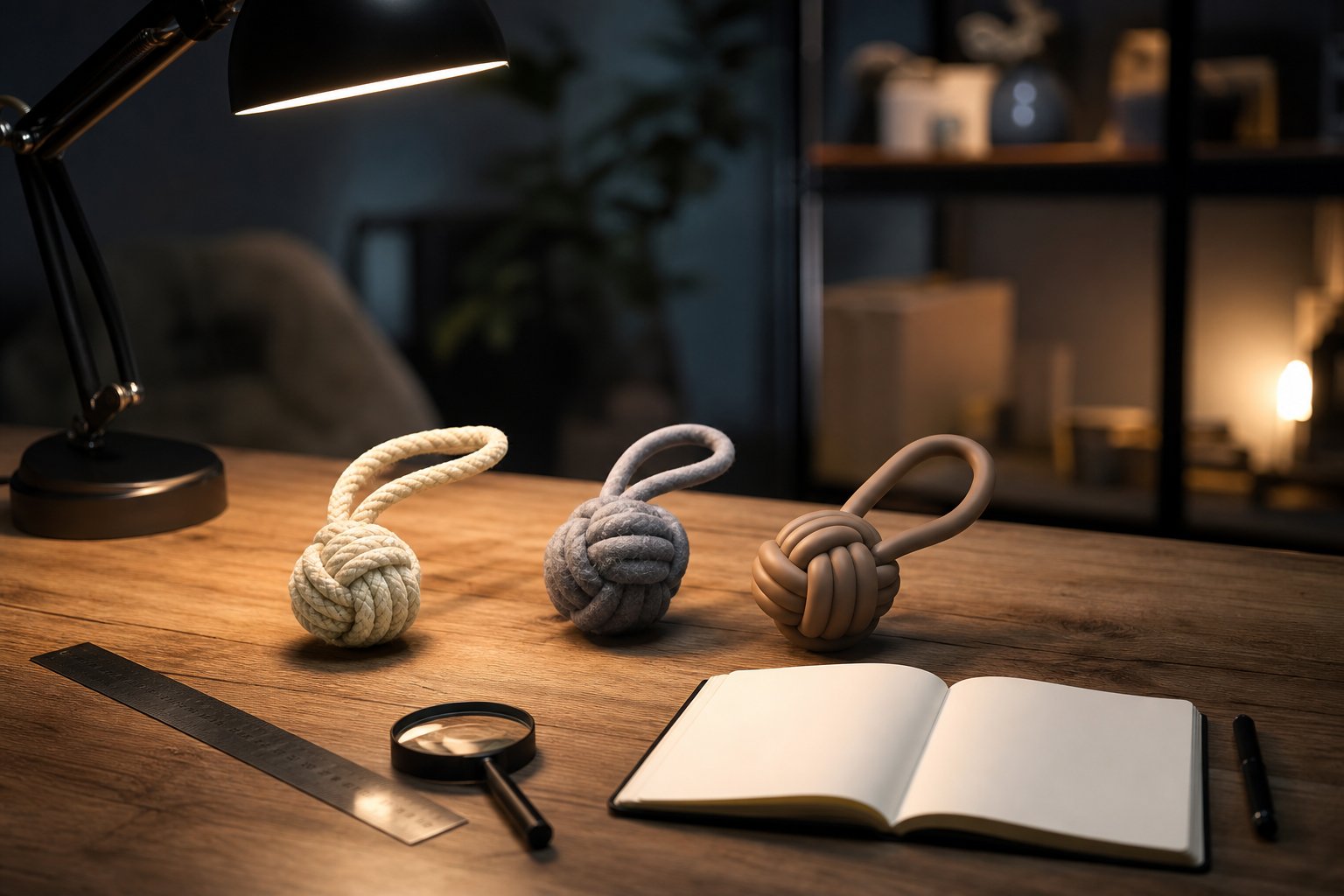 Founder's desk with a shortlist notebook and pet toy prototypes under a lamp
