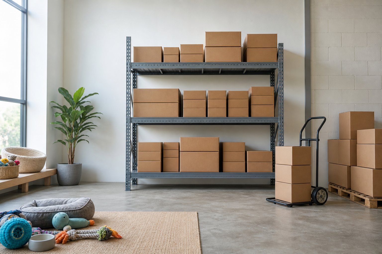 Small warehouse shelf with the first neatly stacked cartons of a new brand