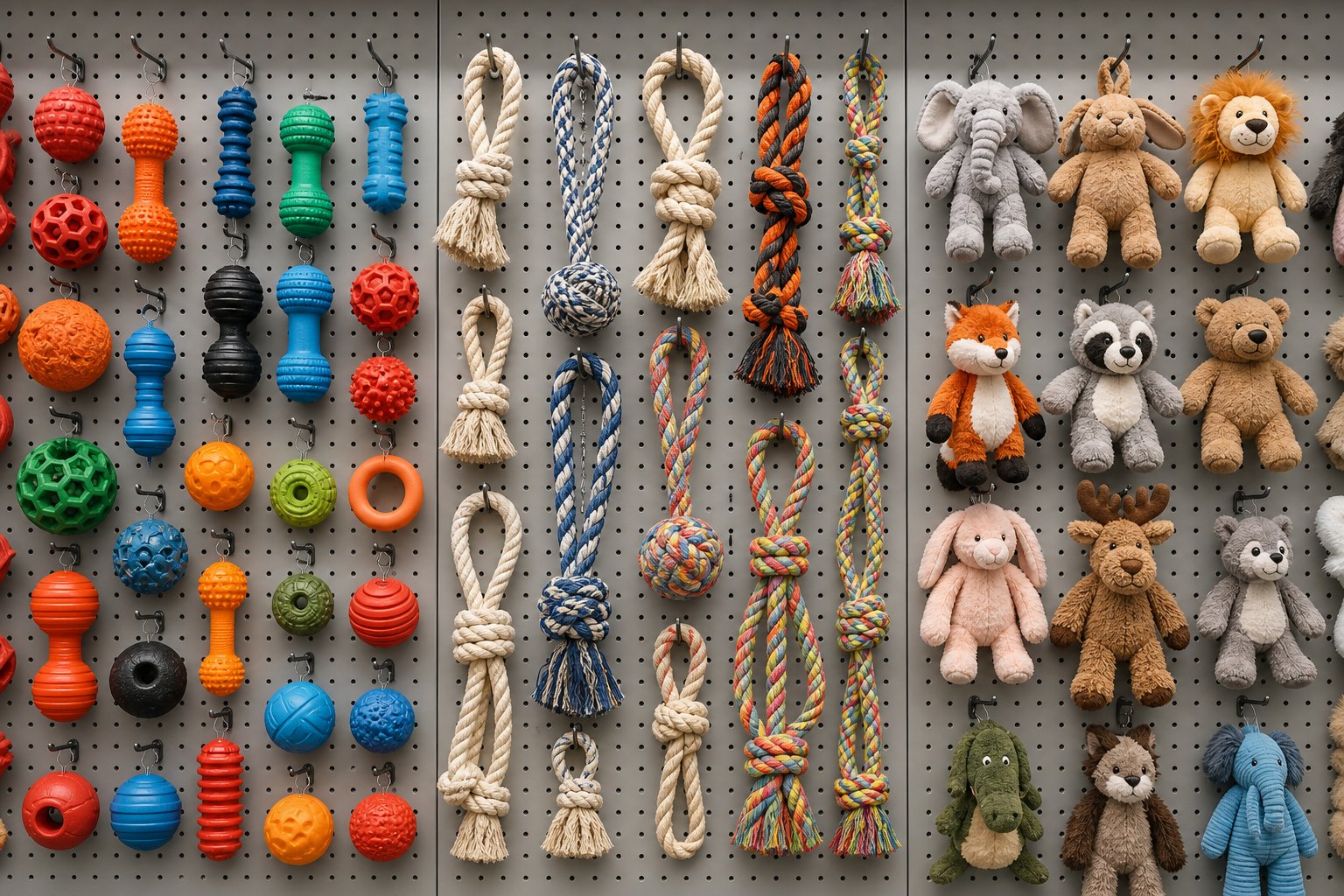 Showroom pegboard wall with pet toys grouped by material