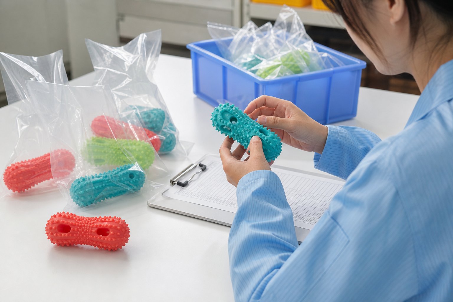 Sensory check desk with rubber toys in sealed bags and a grading record sheet