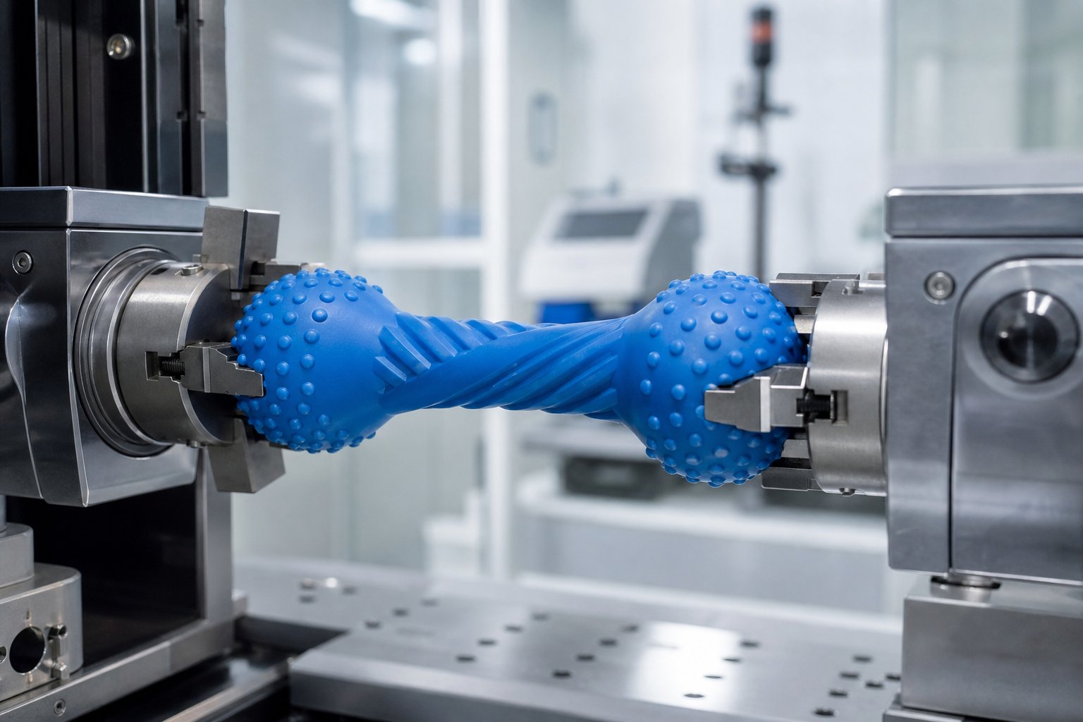 Mechanical test fixture twisting a rubber chew toy on a lab bench