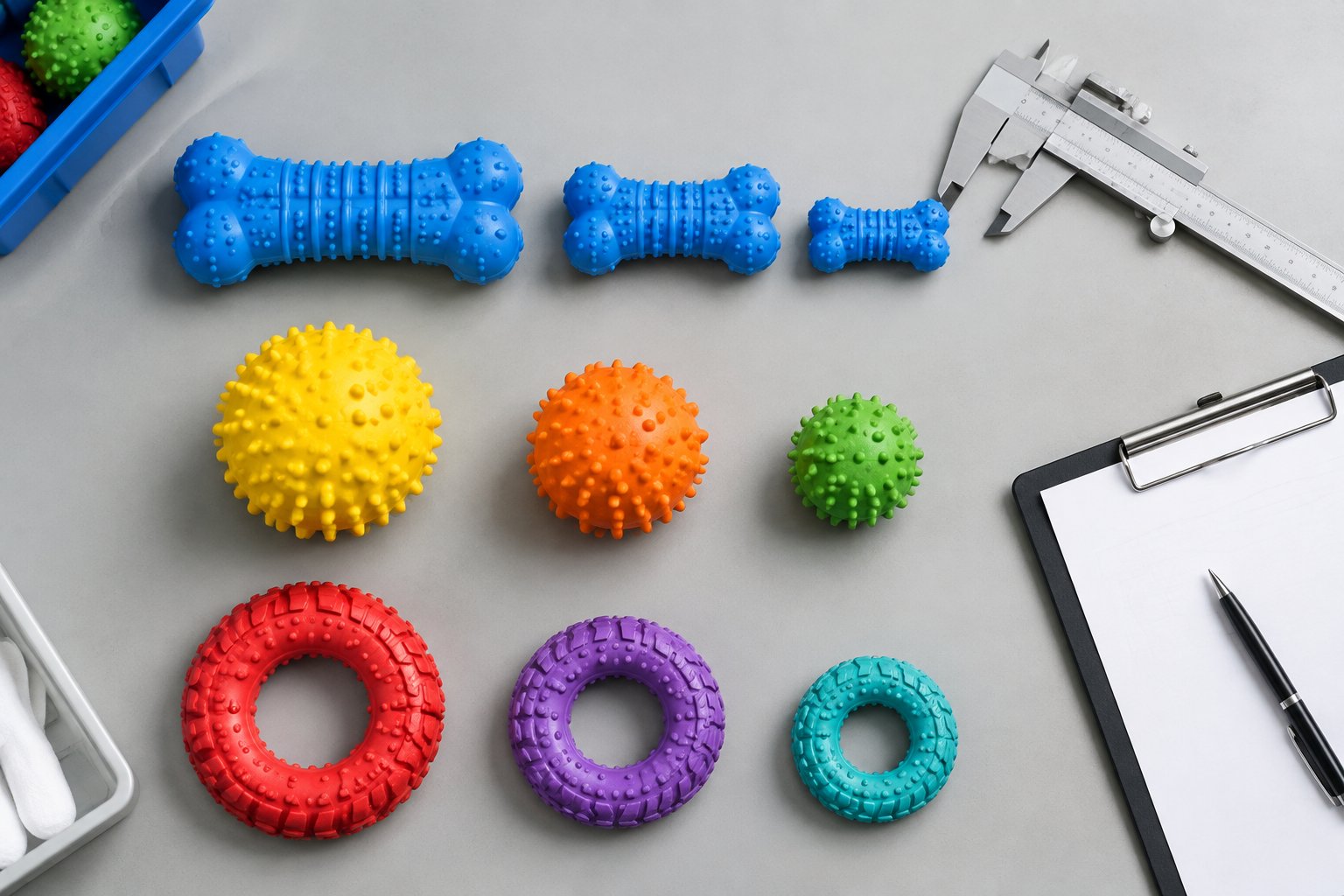 Chew toys grouped in three rows on a quality control table with a caliper
