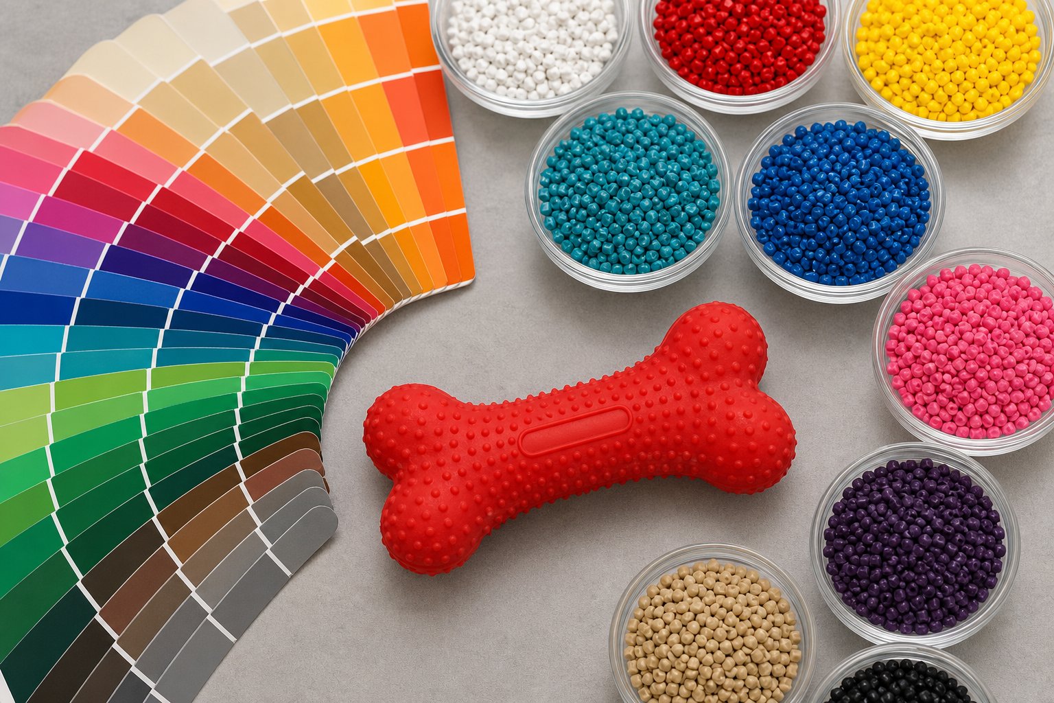 Color chips and masterbatch pellets arranged on a sourcing desk beside a chew toy
