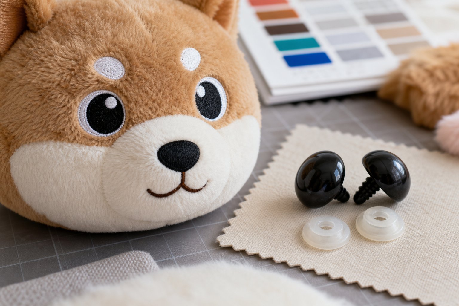 Embroidered eye samples and plastic safety eyes side by side on a design desk