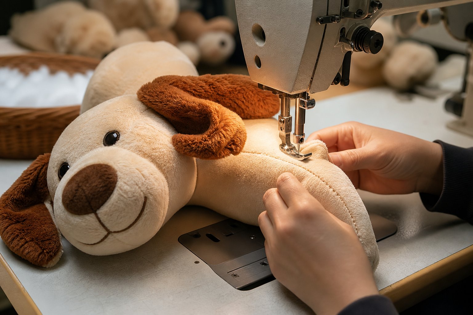 Reinforced seam being stitched on a plush toy at a sewing station