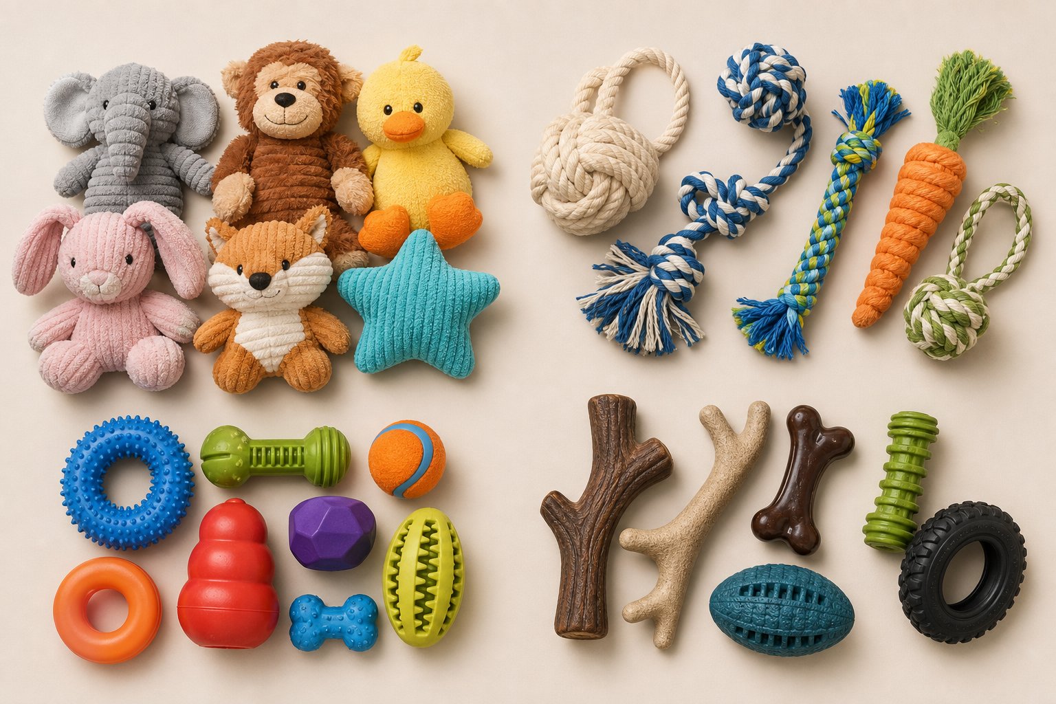 Three labeled groups of dog toys from soft puppy toys to firm rubber adult toys