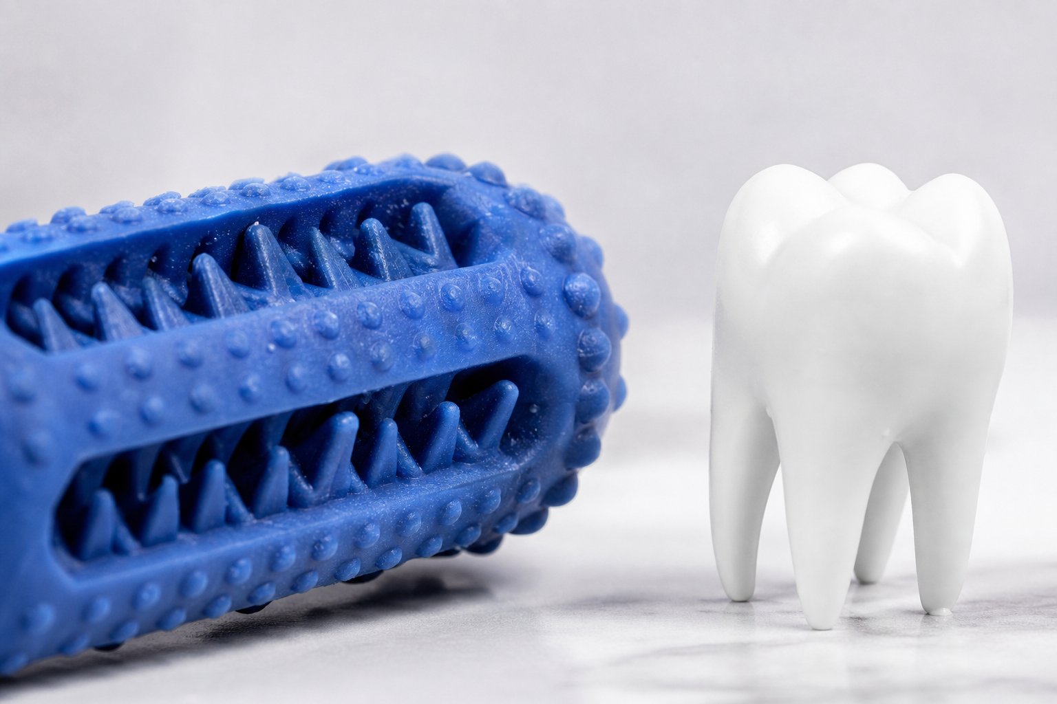 Macro shot of textured ridges on a rubber chew toy beside a canine tooth model