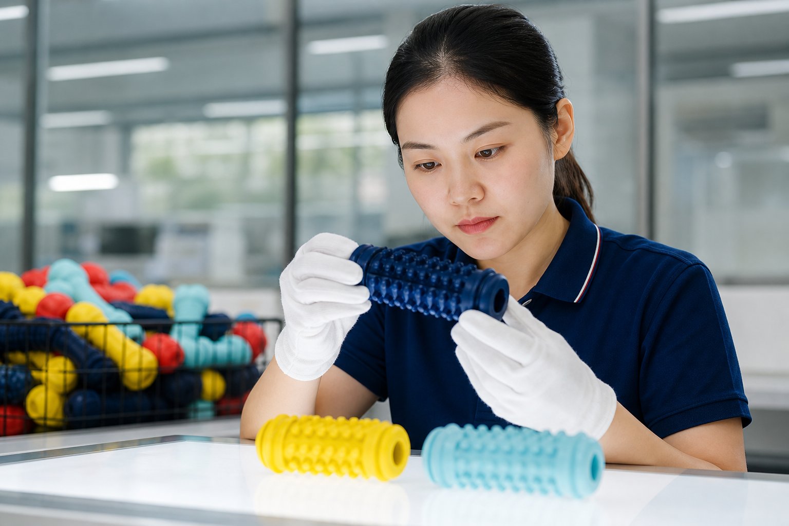 Dental-style chew toy with grooved surface held on a light table for inspection