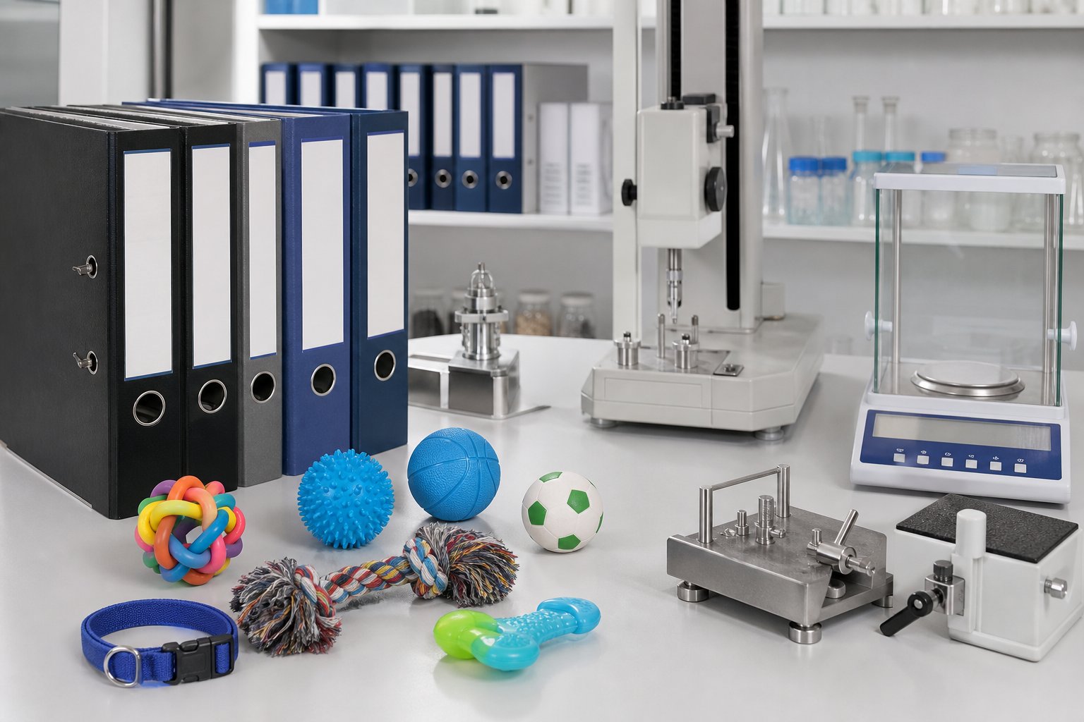 Laboratory bench with toy samples and testing instruments beside reference binders