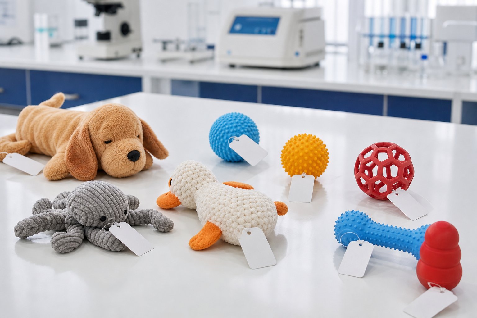 Plush and rubber pet toy samples prepared for testing on a laboratory counter