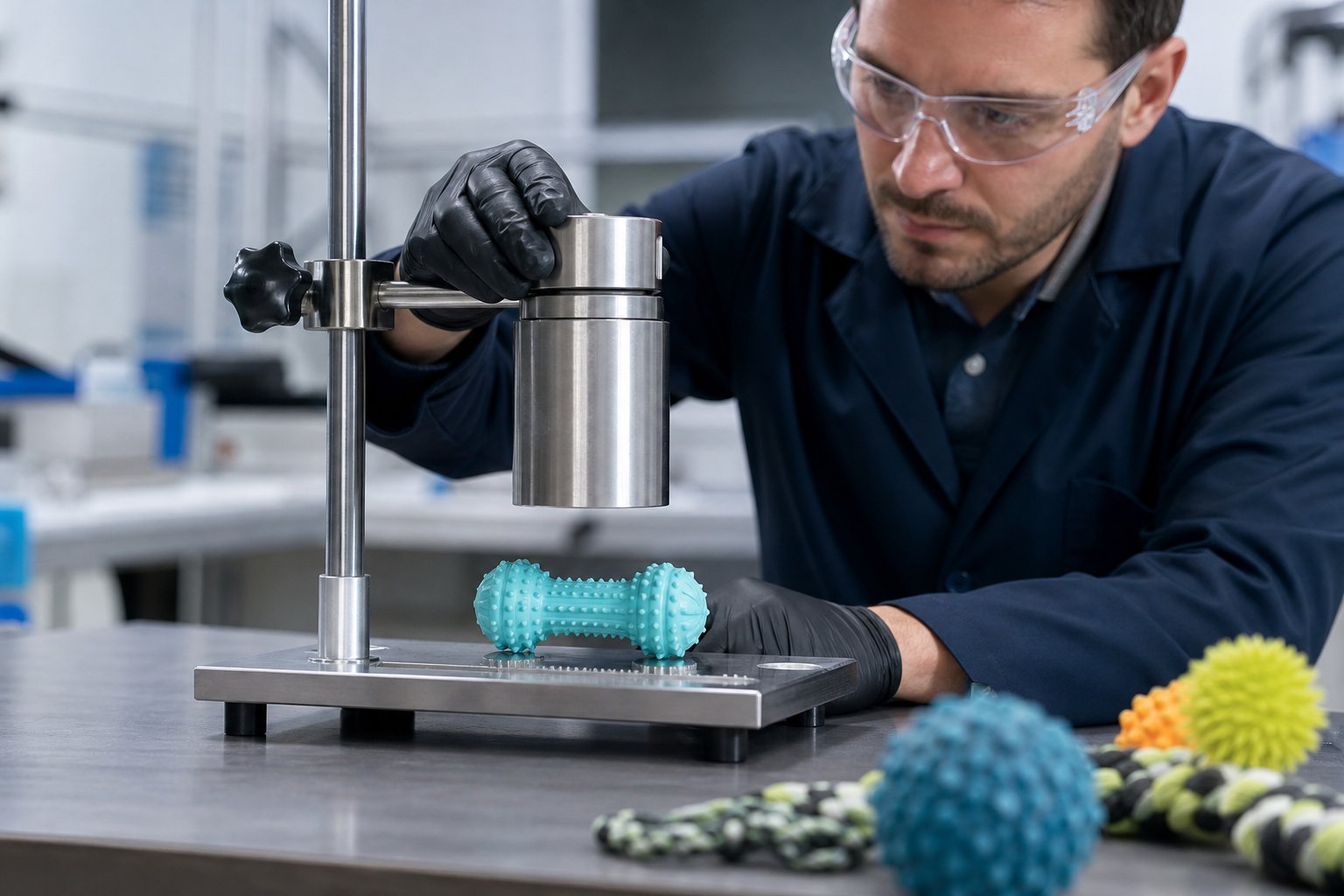 Small parts cylinder being used to test a chew toy on a workbench