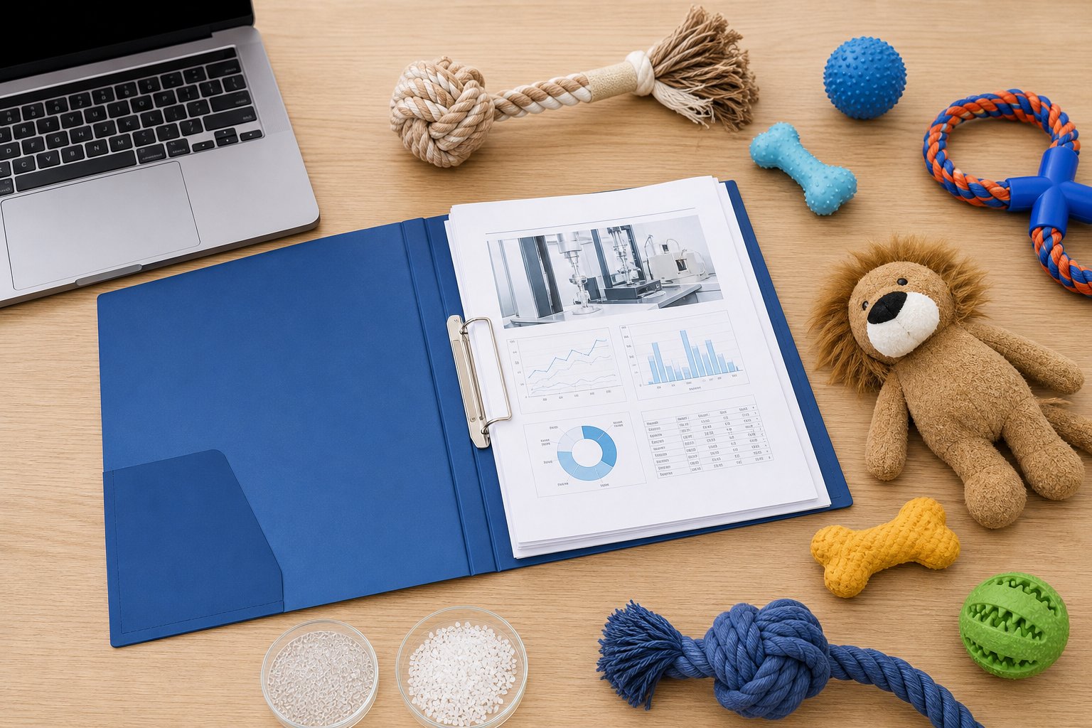 Compliance folder with test reports beside pet toy samples on a desk
