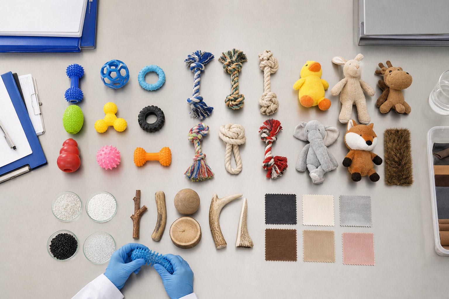 Toy samples from different material families grouped on a laboratory table with documents