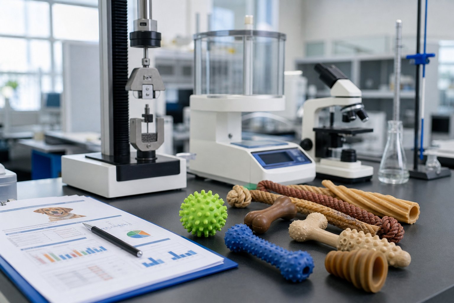 Laboratory report and accredited test instruments beside chew toy samples