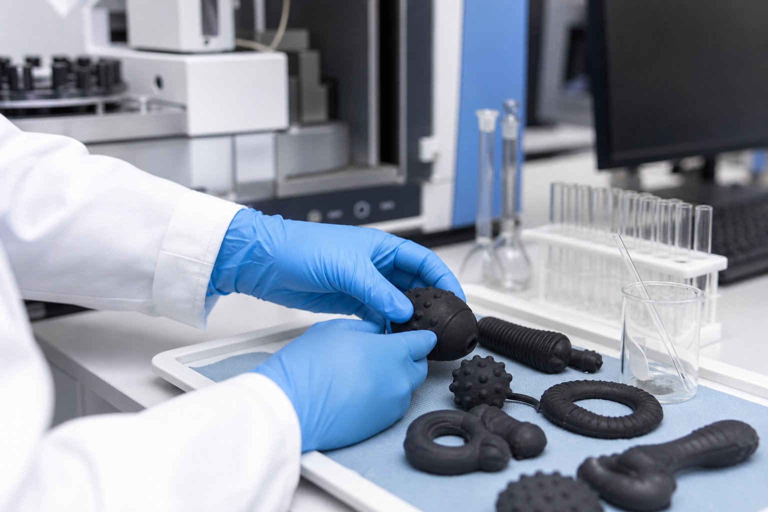 Analyst preparing rubber toy samples for chemical screening in a laboratory