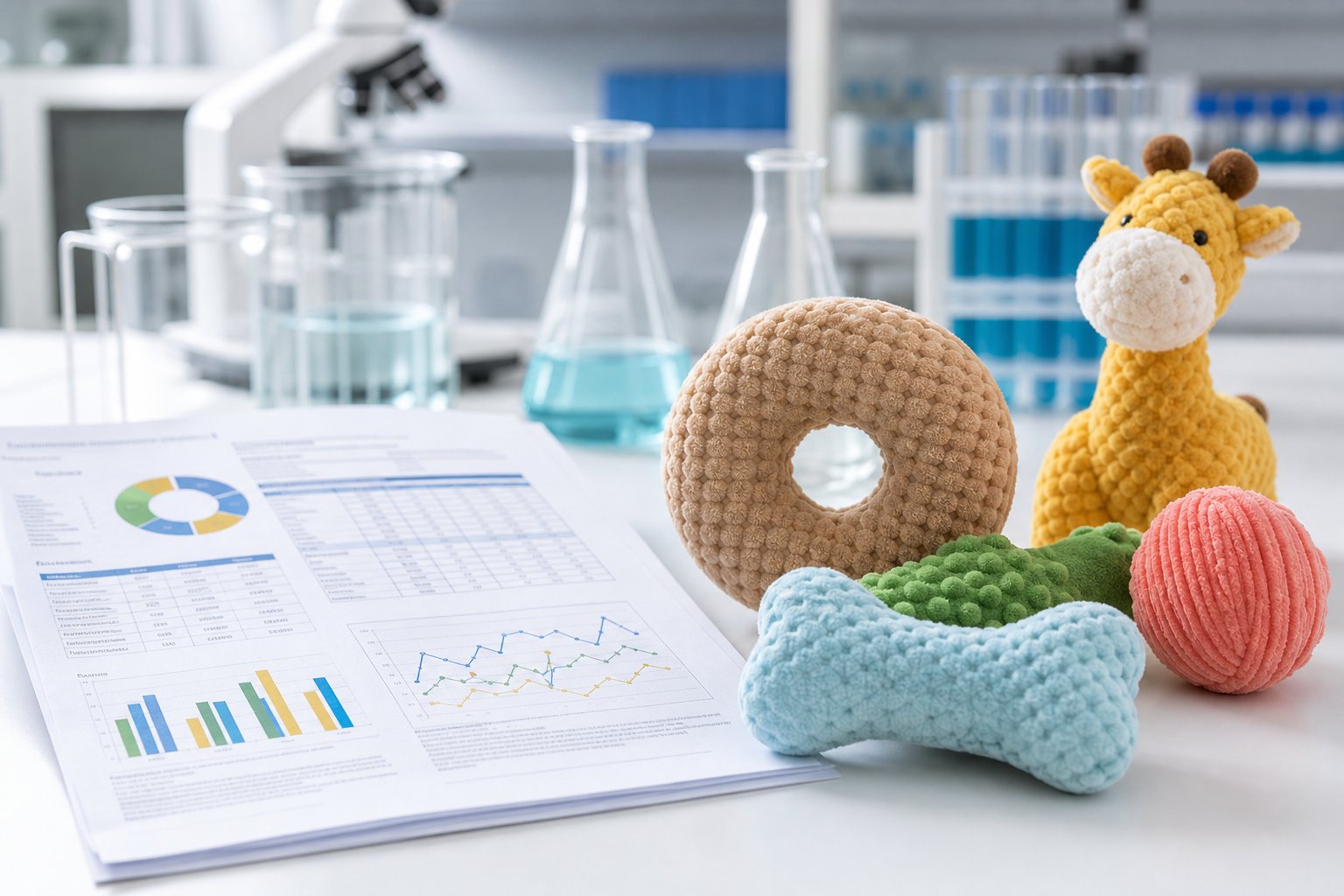 Chemical screening report and plush chew toy samples on a laboratory desk