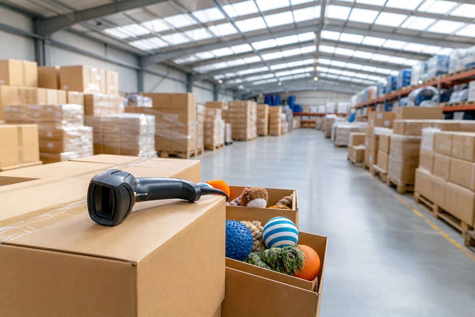 Warehouse aisle with pallets of pet toy cartons and a handheld scanner