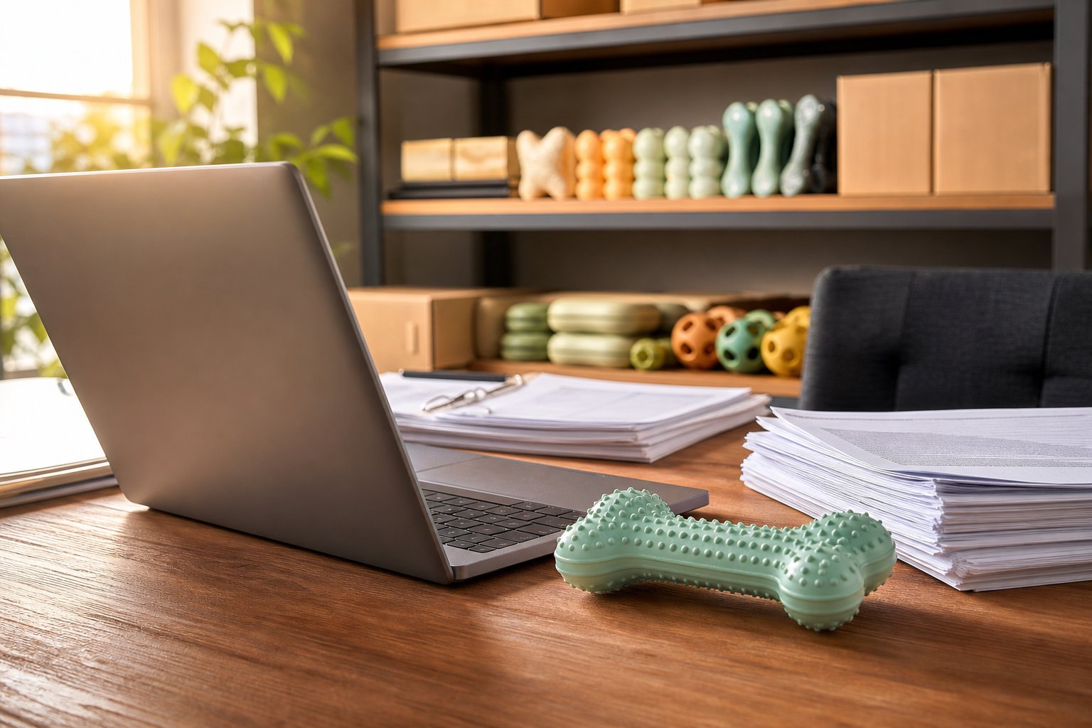 Laptop with a marketplace dashboard beside a rubber dog bone toy and paper documents