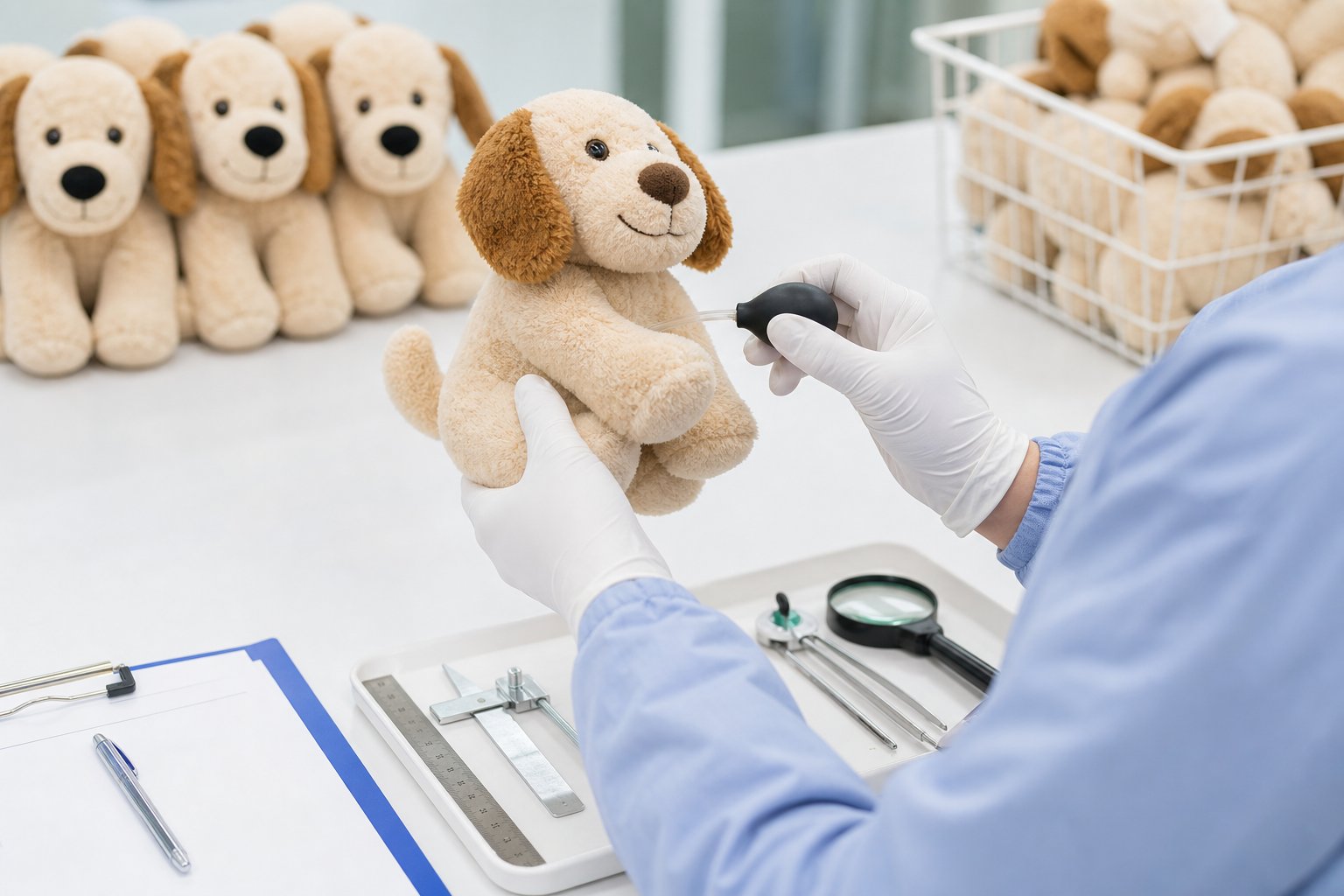 Gloved inspector checking a squeaky plush dog toy on a bright QC table