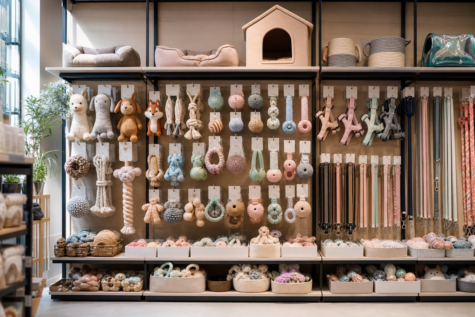 European pet shop shelf with neatly arranged pet toy packaging in daylight