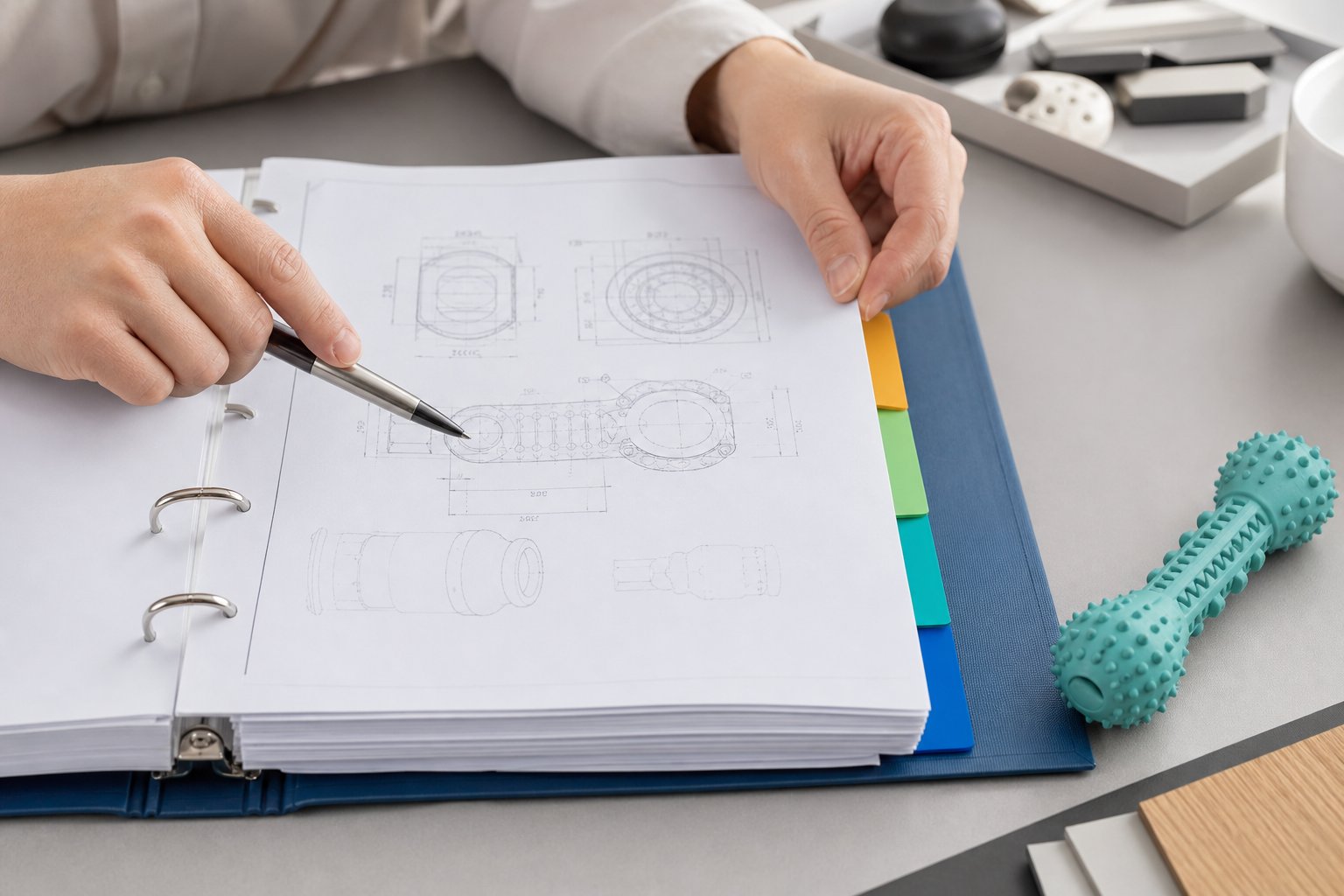 Hands reviewing a technical file binder with tabbed dividers, a TPR chew toy beside it