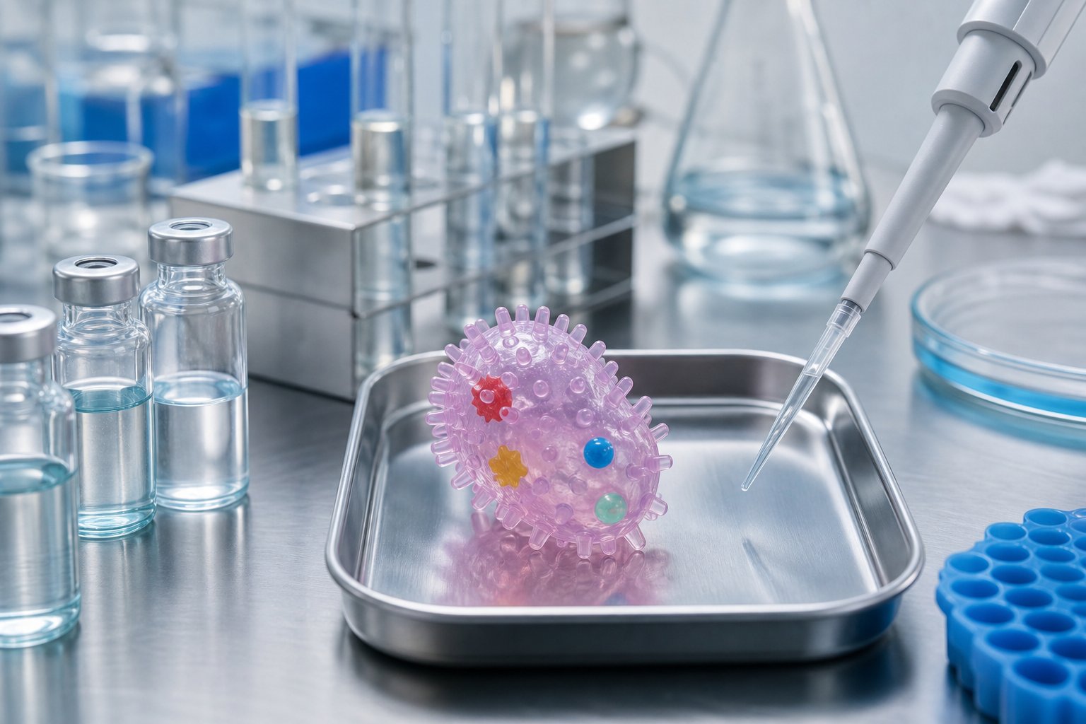 Lab bench with vials, a micropipette and a translucent vinyl toy sample on a metal tray