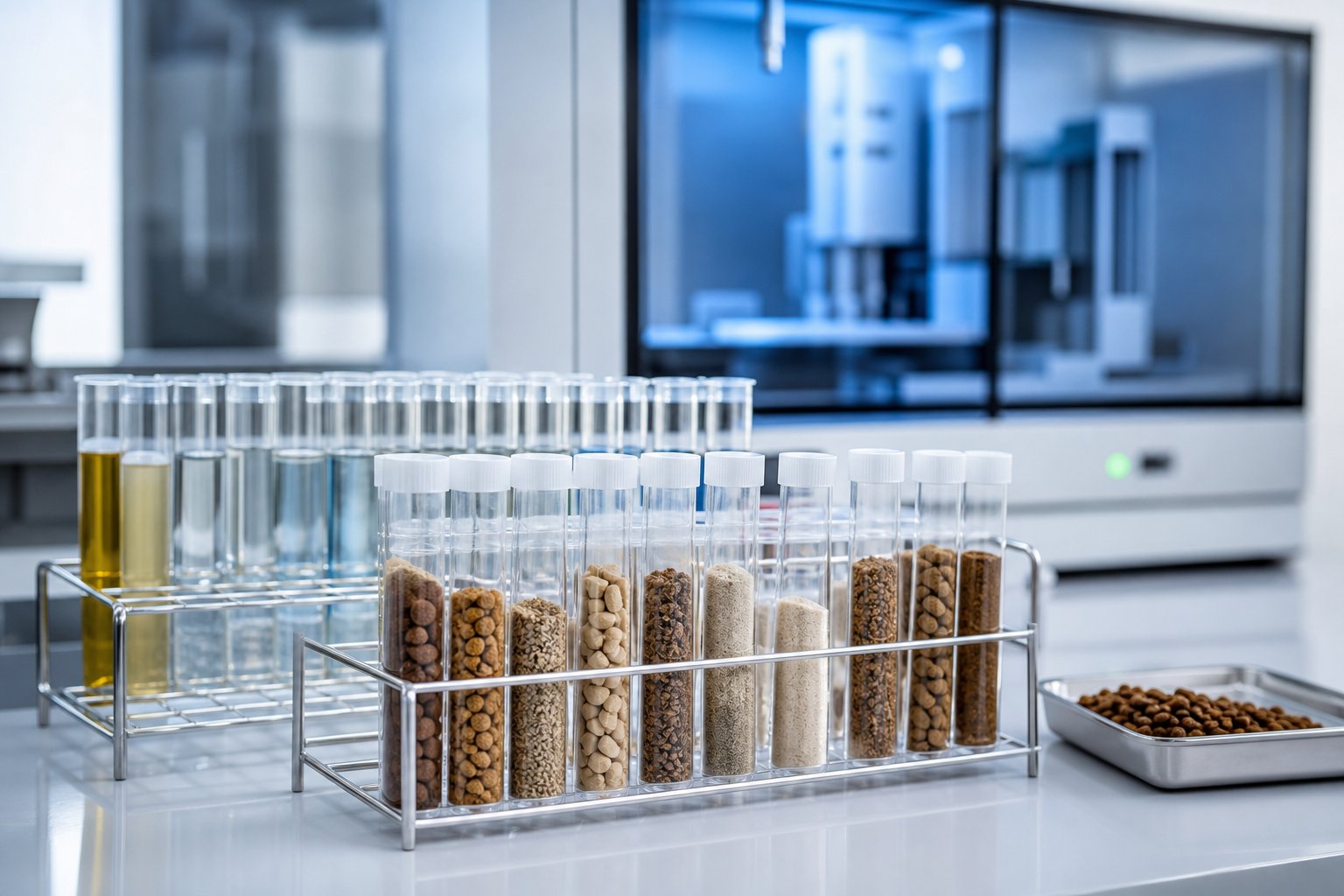 Sample racks in a testing laboratory with instrument glow behind