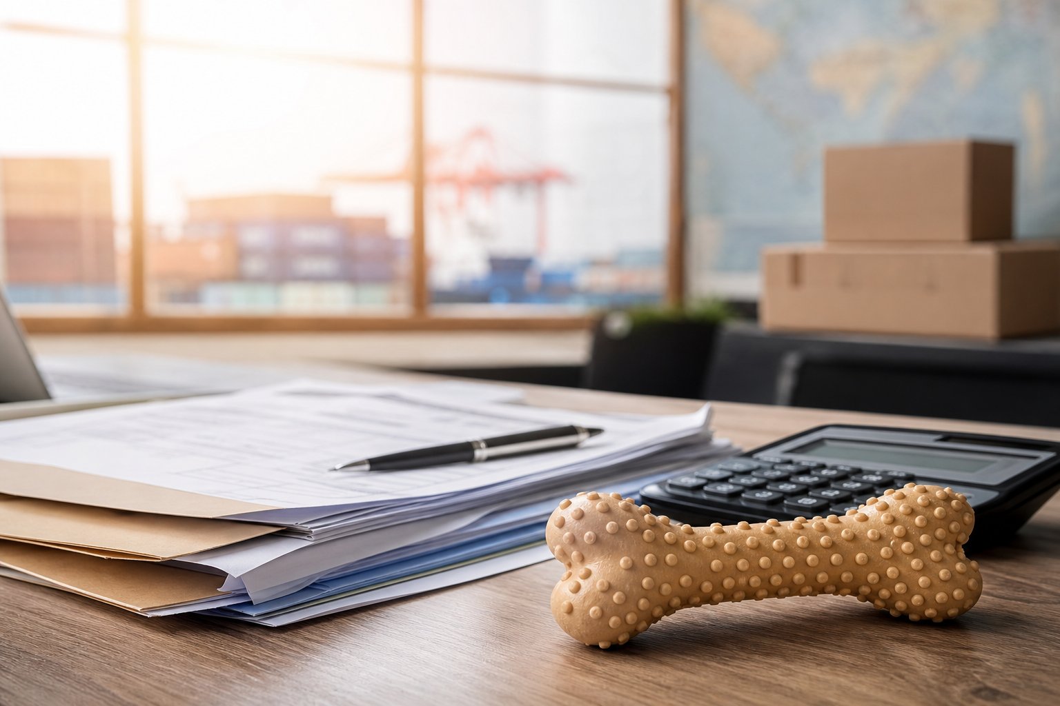 Freight forwarder desk with shipping documents, calculator and a rubber chew toy
