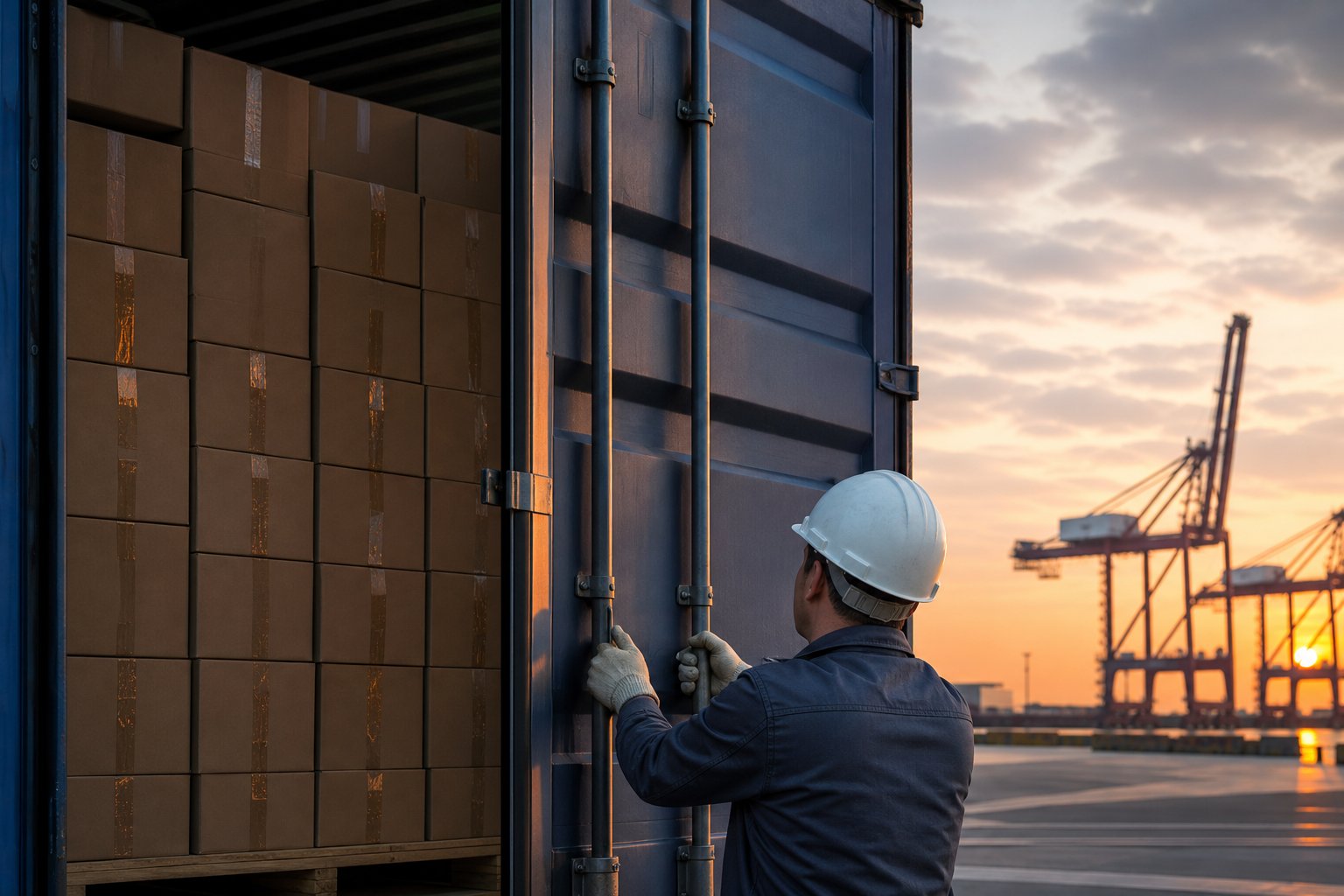 Container door closing on stacked cartons at a port terminal at dusk