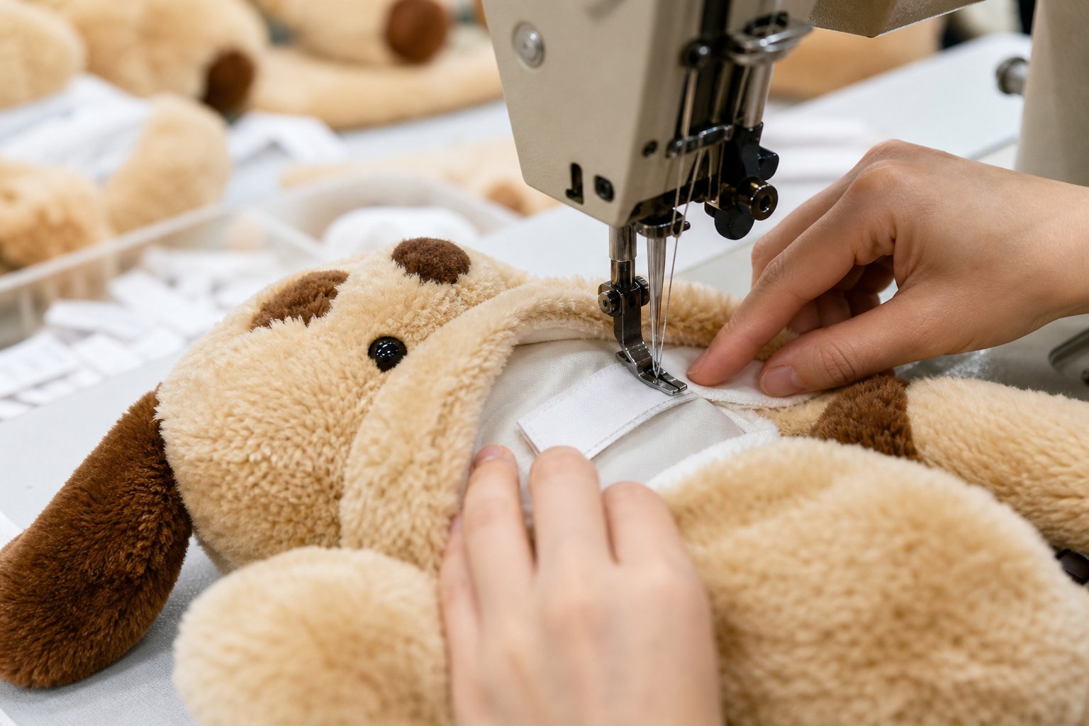 Fabric care label being stitched inside a plush pet toy at a sewing station