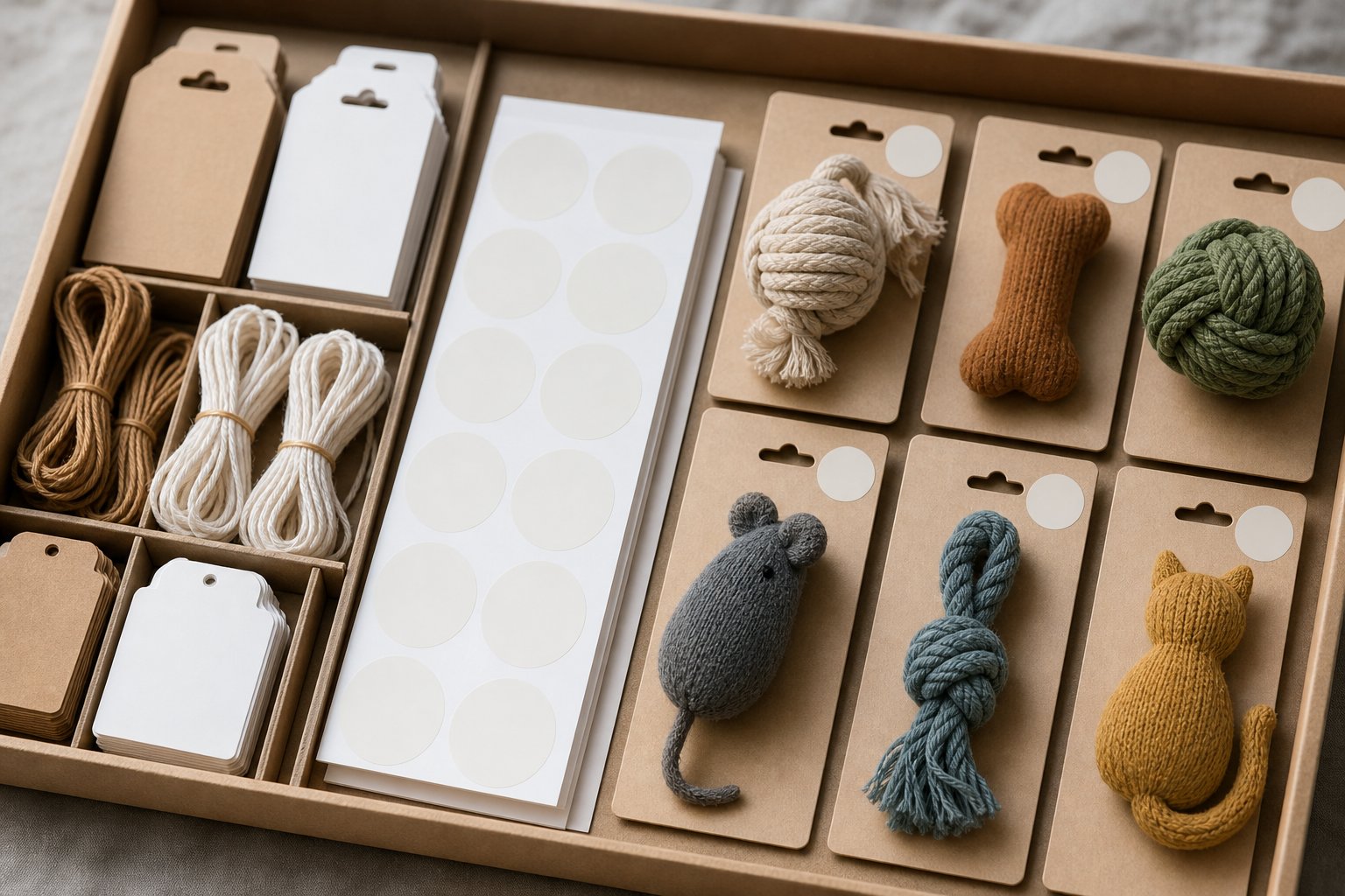 Print shop tray with hangtag strings and blank sticker sheets beside toy packaging