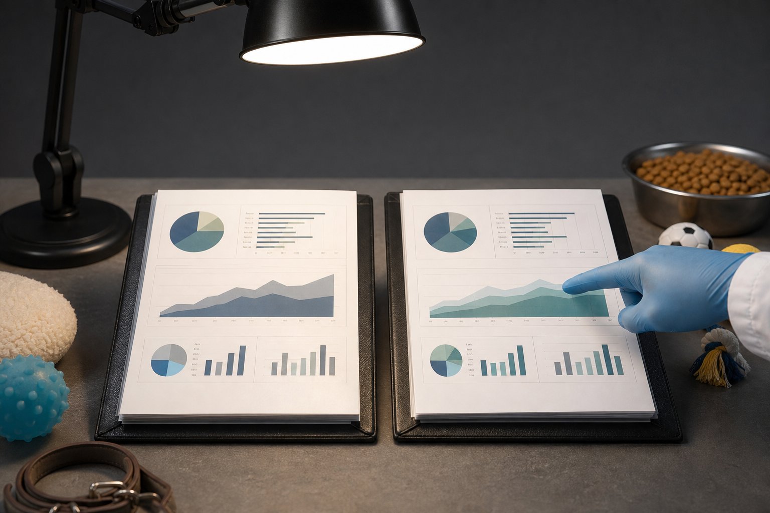 Two report folders compared under a desk lamp, gloved hand pointing at a chart page