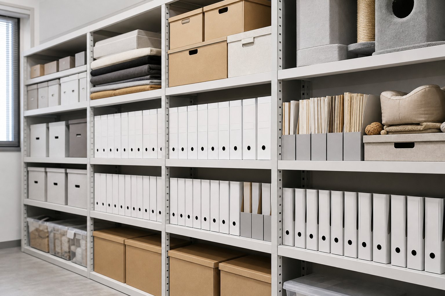 Shelves of archived sample boxes and folders in a document room