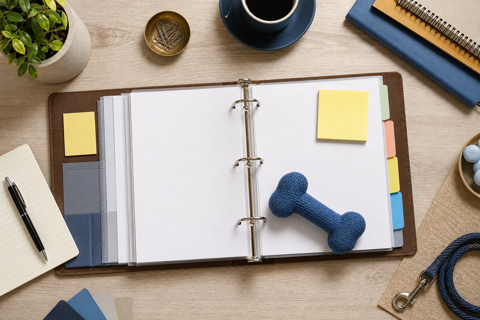 Overhead view of an open ring binder with tabbed dividers and a small dog toy on the desk