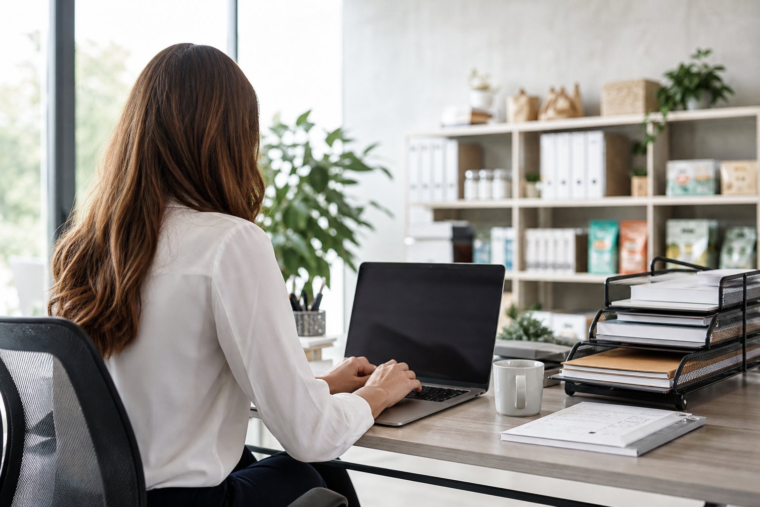Person typing on a laptop in a bright office with organized document trays