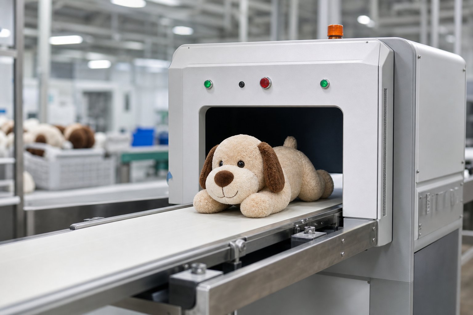 Plush pet toy passing through a needle detection machine on a conveyor
