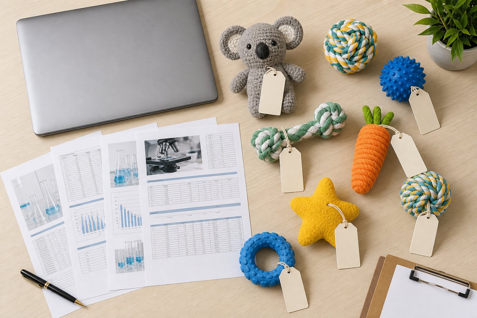 Printed test reports and pet toy samples arranged on a desk