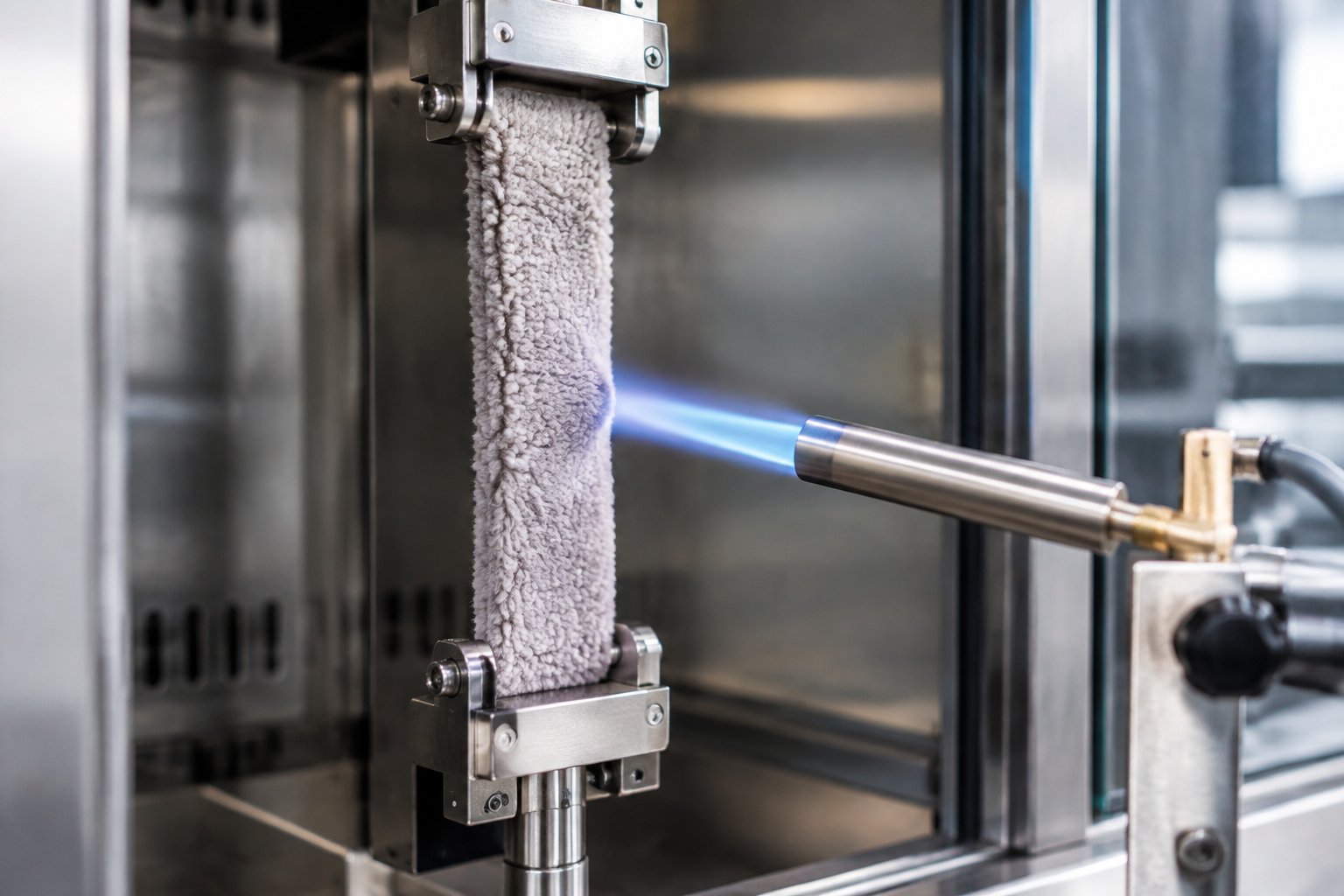 Plush fabric specimen mounted in a textile flammability test chamber